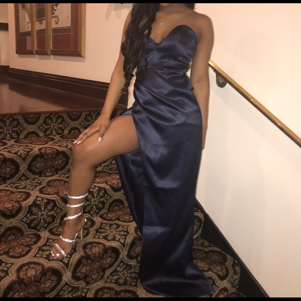 Navy Blue Satin Dress with High Slit